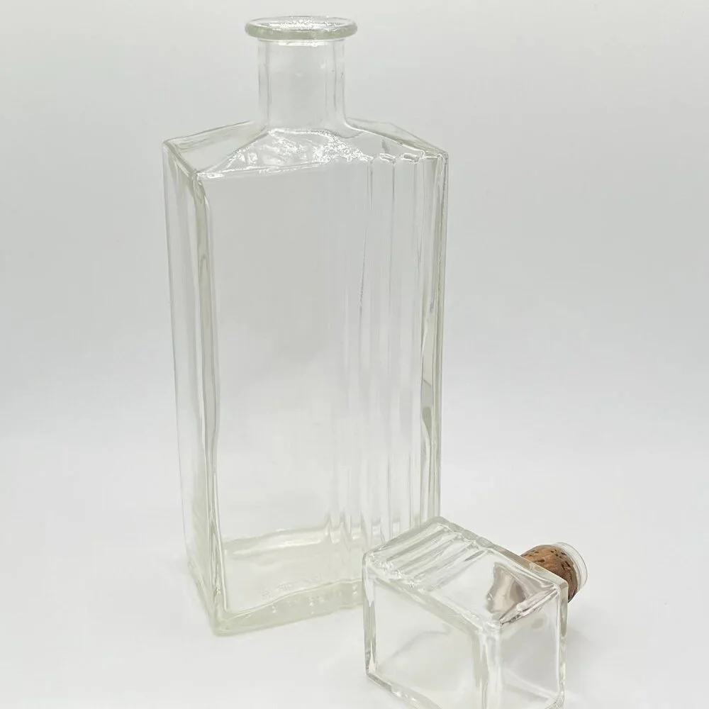 Vintage MCM Thatcher Clear Glass Decanter Rectangular Ribbed W/ Stopper Barware